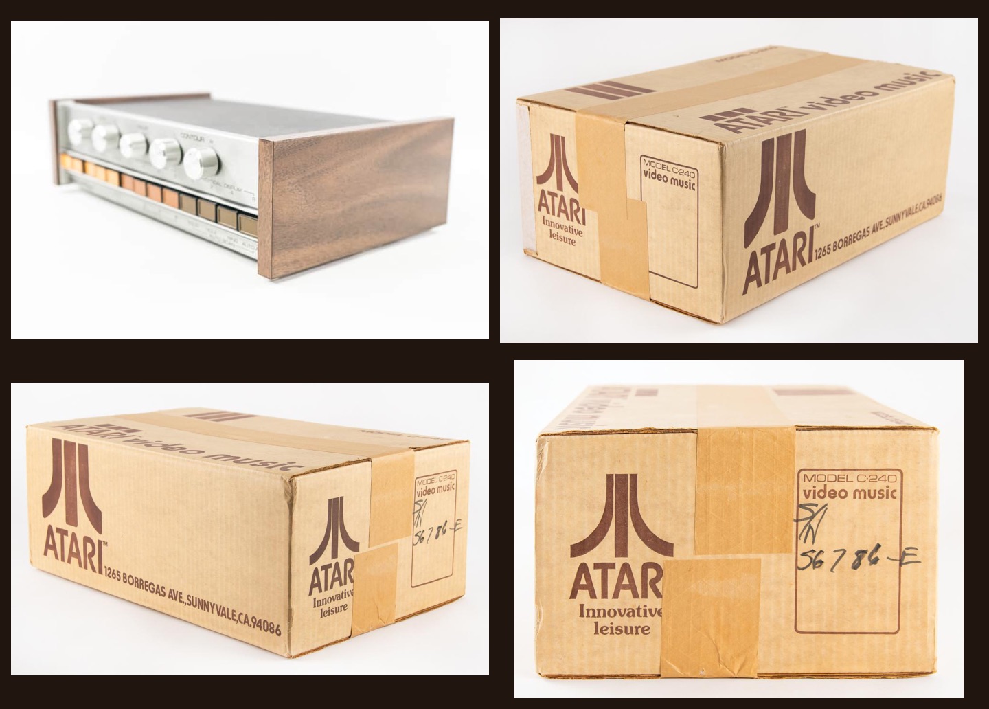Collage: the Atari Video Music C-240 in profile and its original factory-sealed shipping box from three angles, serial number 56786-E