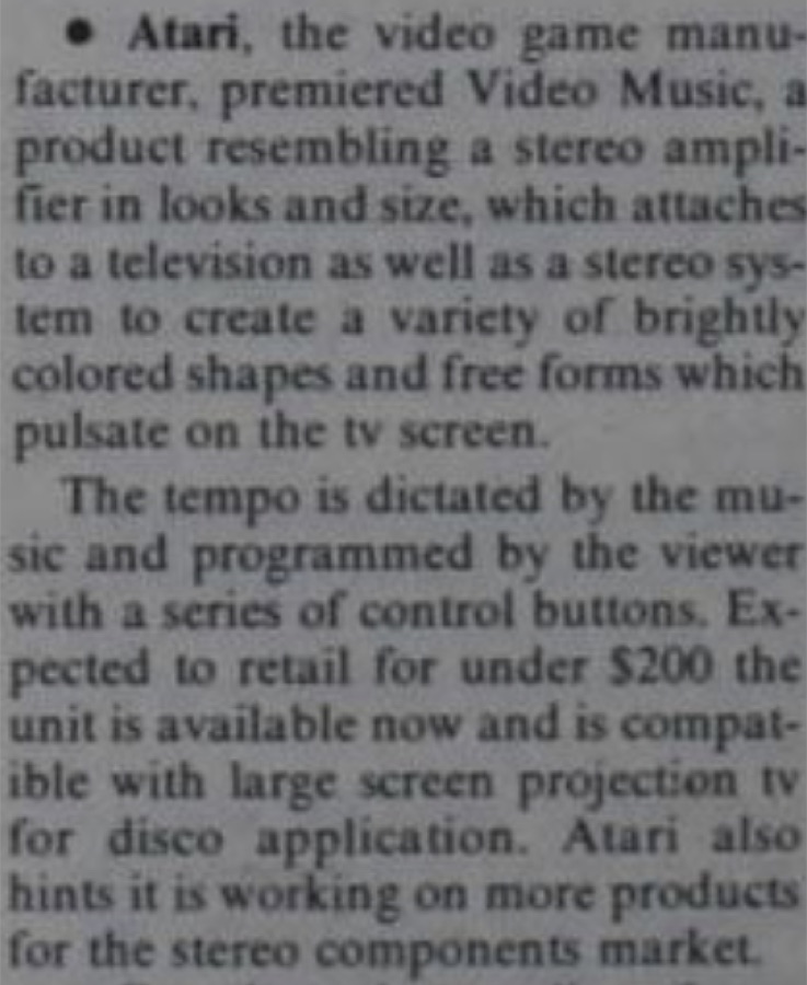 1977 trade press clipping: Atari premieres Video Music, resembling a stereo amplifier, expected to retail under $200, compatible with projection TV for disco application